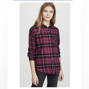 Rails Long Sleeve Brock Plaid Frayed Button Down Fuschia Shirt.